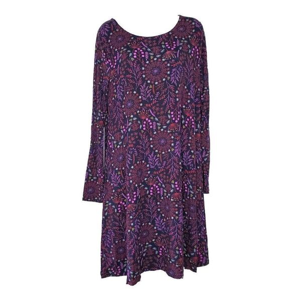 Floral Long Sleeve T Shirt Dress L Navy Blue Burgundy Red Shift Matilda Jane - Picture 1 of 5